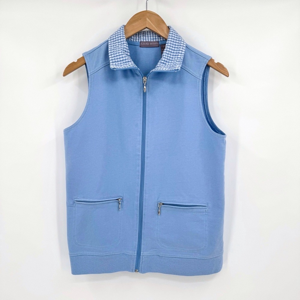 Laura Scott Y2K Baby Blue Zip-Up Vest Gingham Neckline Women's Sz L